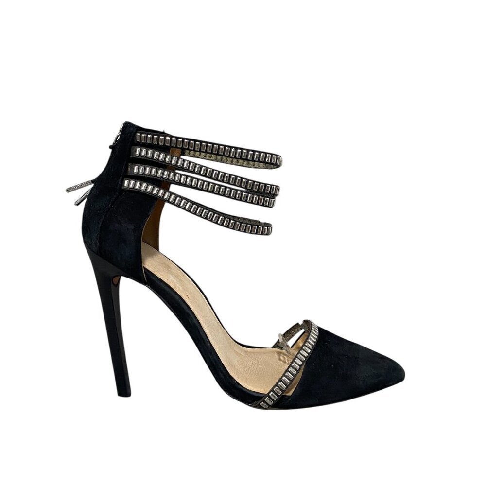 L.A.M.B. Suede Stiletto Studded Ankle Strap Heels in Black Size 81/2